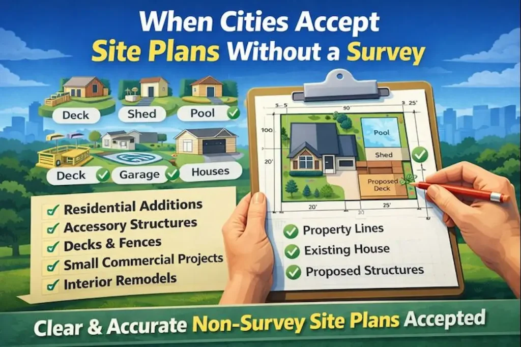 Illustration showing when cities accept site plans without a survey for residential and small commercial permits