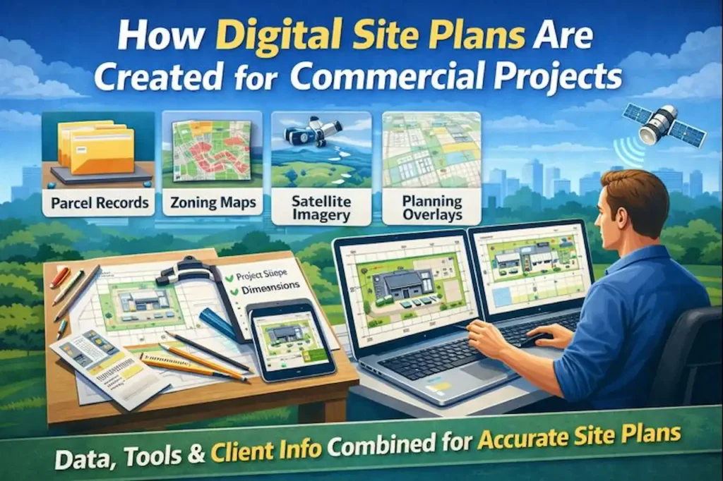 How digital site plans are created for commercial projects using GIS data, zoning maps, and satellite imagery